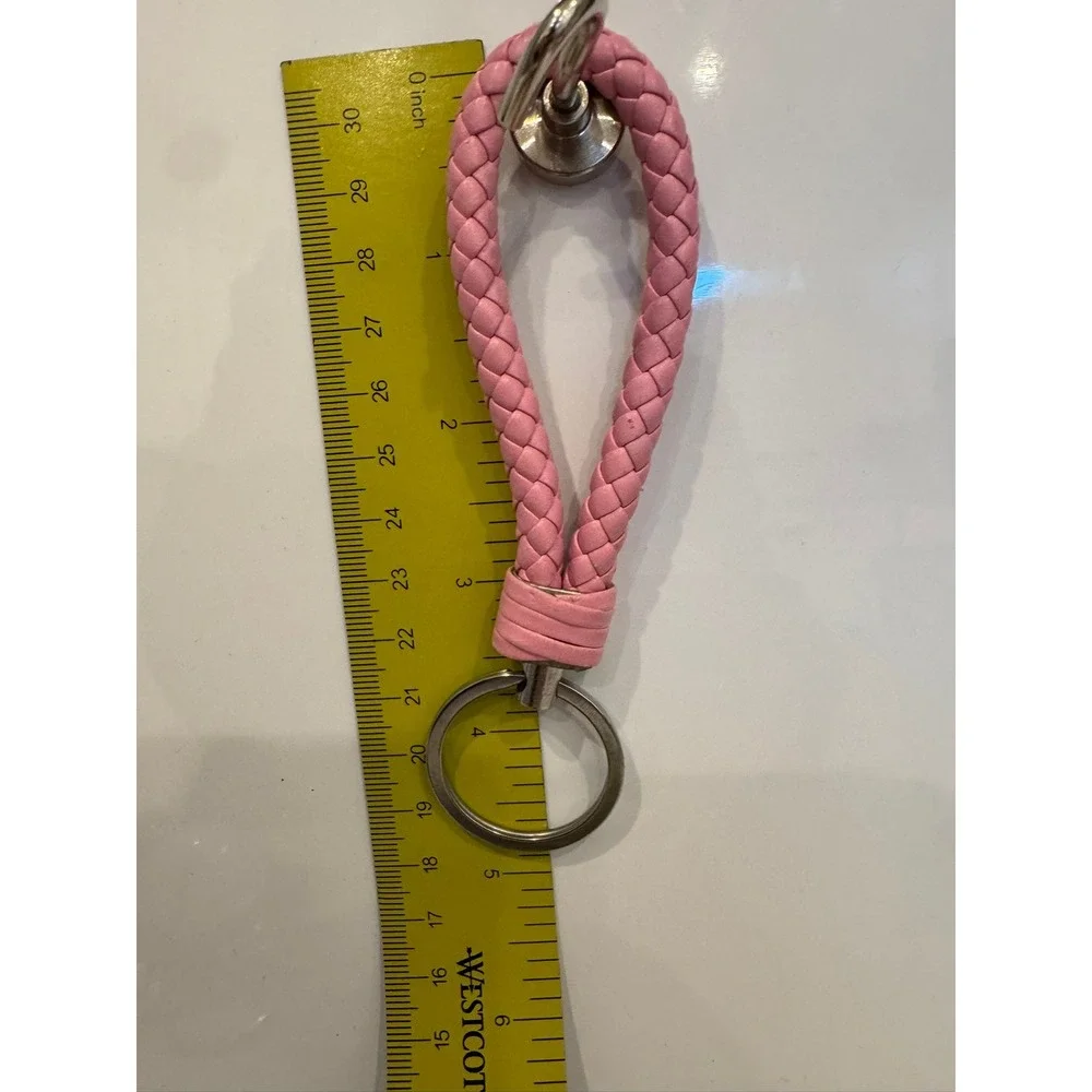 Pink Braided Wristlet Keychain Woven Loop Faux Leather Key Ring Silver Hardware